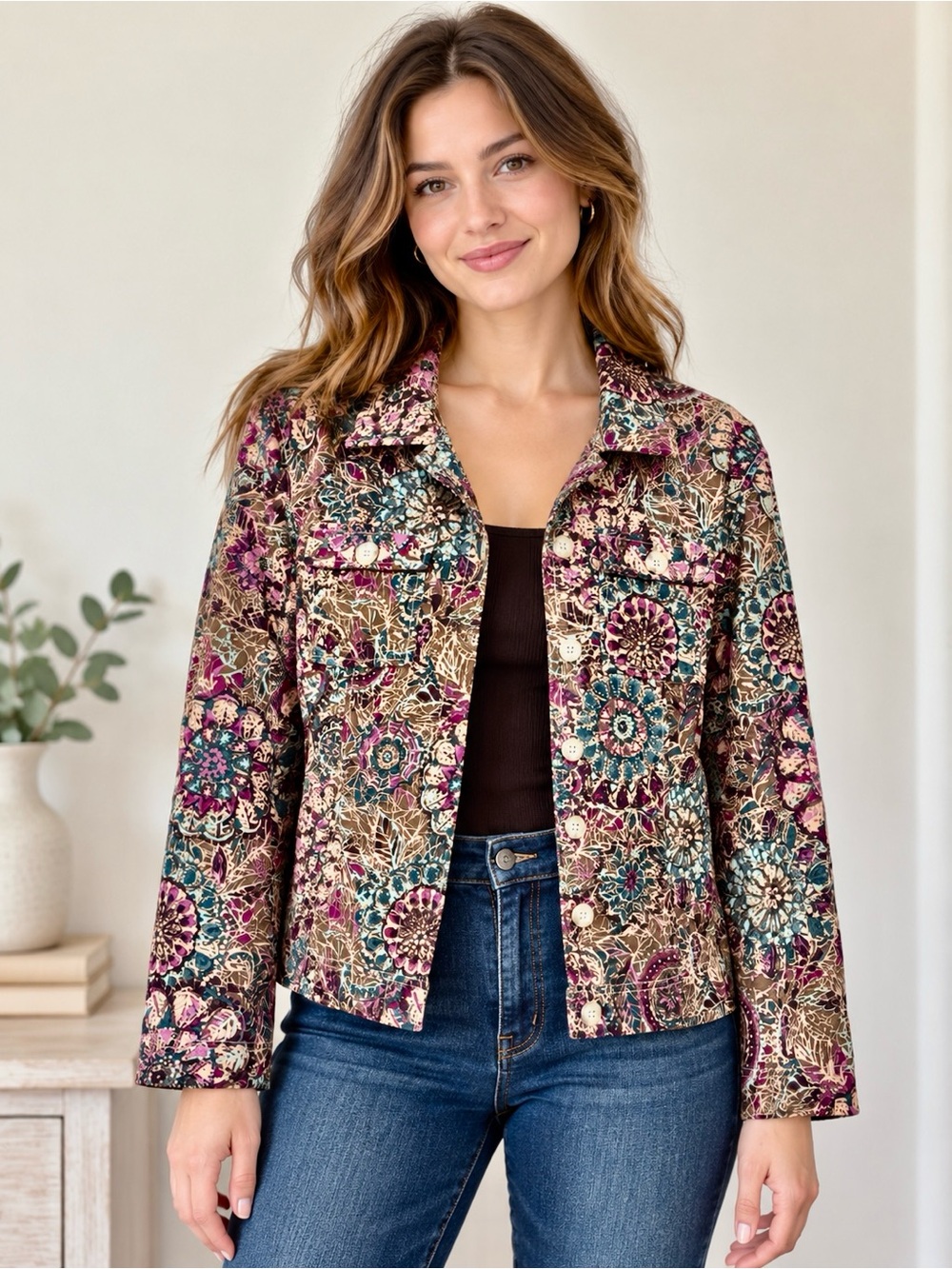 Vintage Floral Trucker Jacket Butter Soft Boho Petite XL
